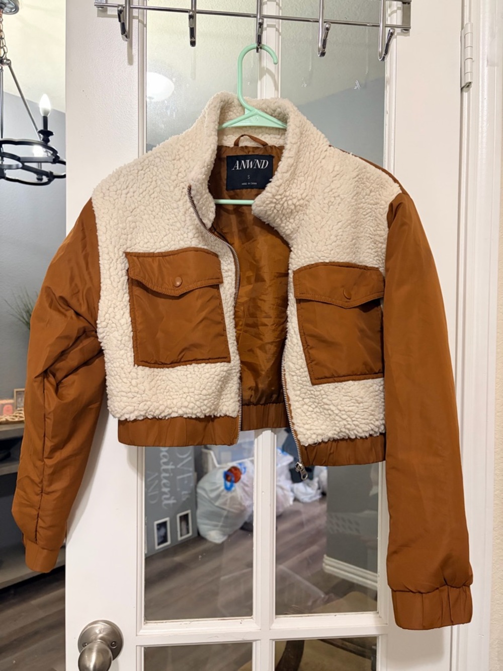 ANWND Cropped Sherpa Bomber Jacket in Cream & Rust